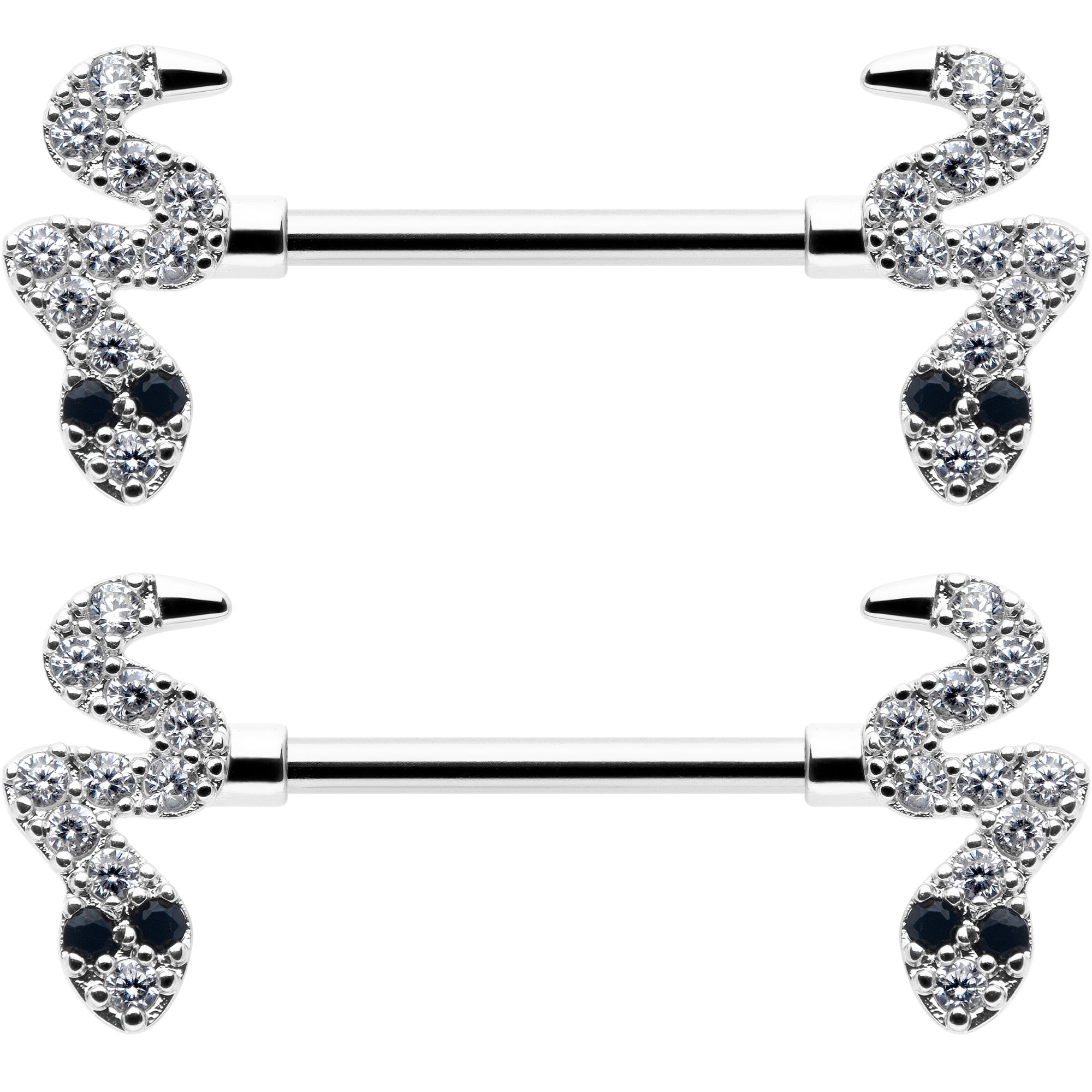 14G 9/16 Clear Black CZ Gem Sexy Snakes Barbell Nipple Ring Set