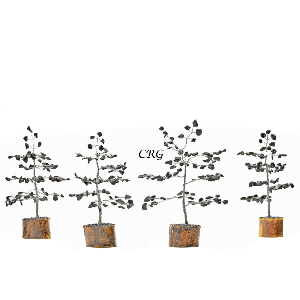 Black Tourmaline 100 Chip Tree with Wood Base and Silver Wire (4 Pieces) Size 6 Inches Gemstone Tree