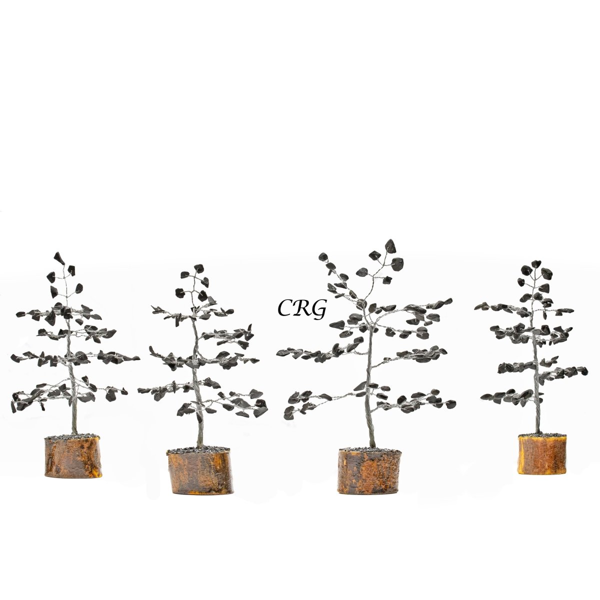 Black Tourmaline 100 Chip Tree with Wood Base and Silver Wire (4 Pieces) Size 6 Inches Gemstone Tree