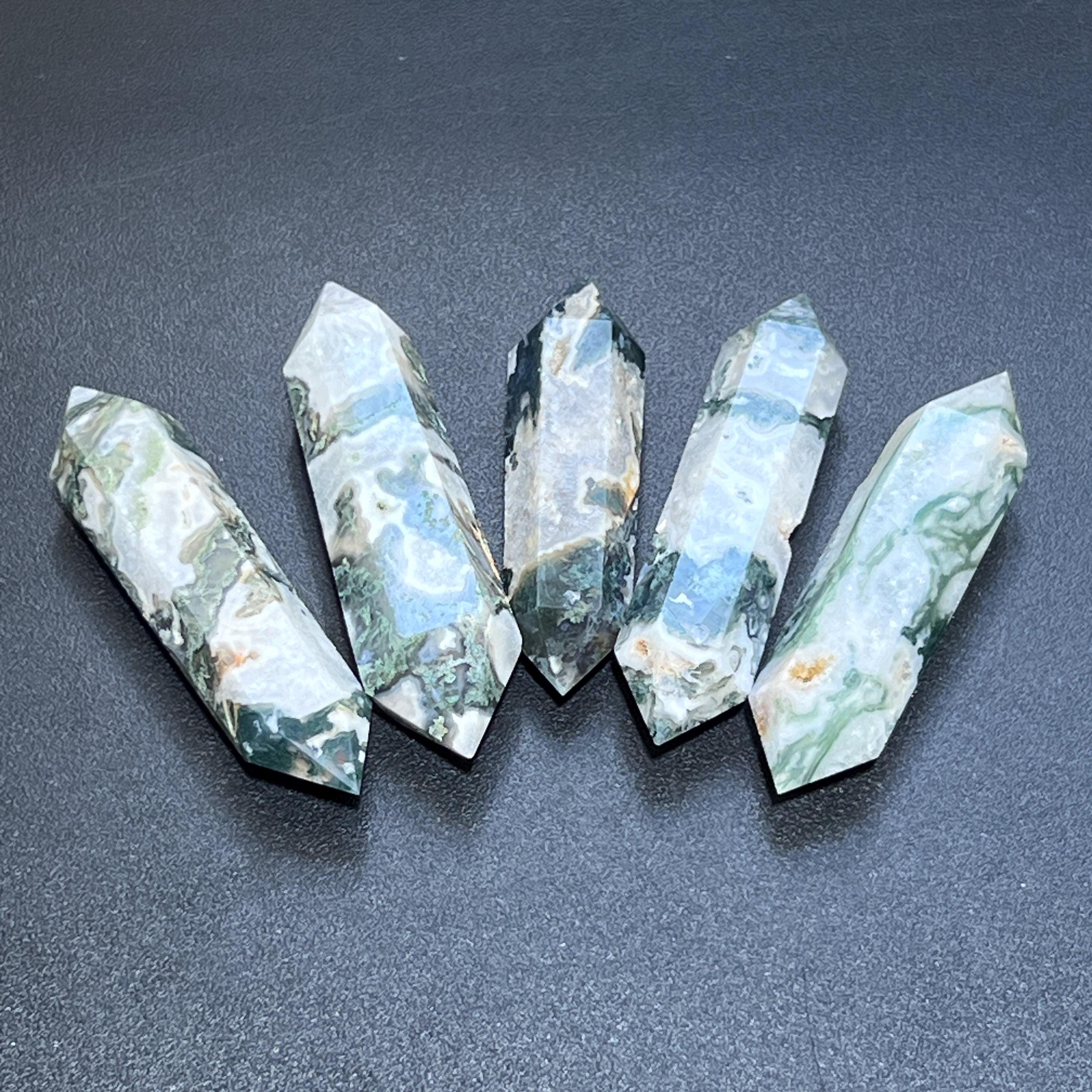 Large Moss Agate Double Point Crystal Carving