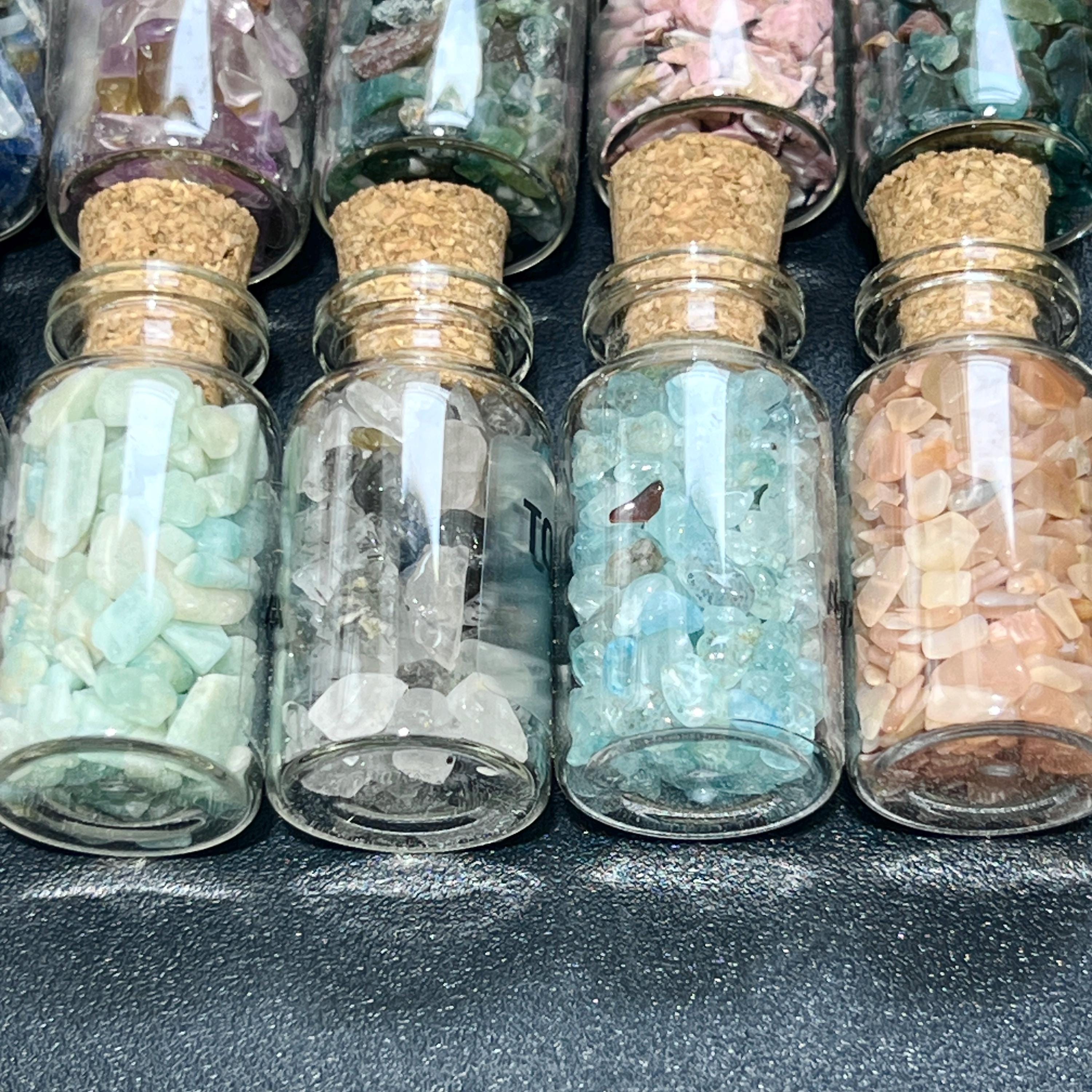 Gemstone Bottle Collection - 15-Piece Natural Rough Crystal Chips Gift Set Box Flat