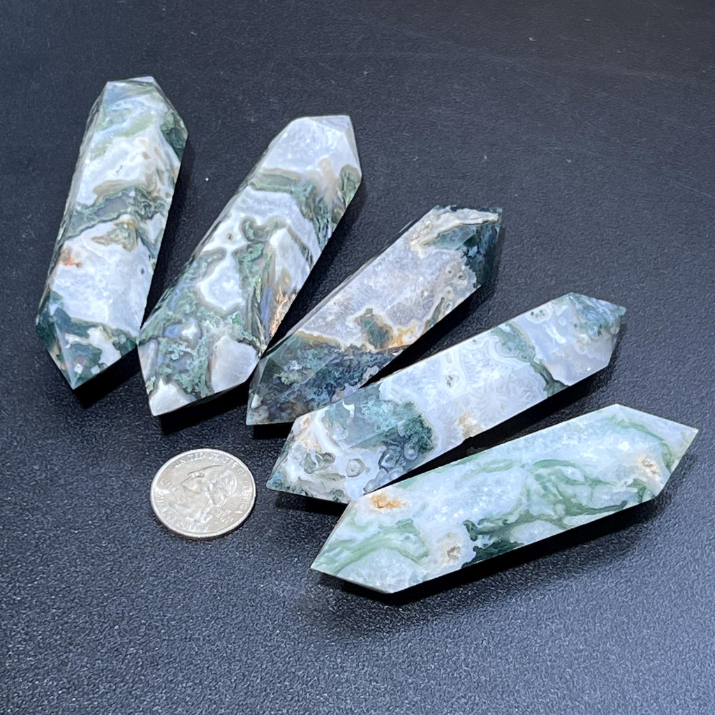 Large Moss Agate Double Point Crystal Carving