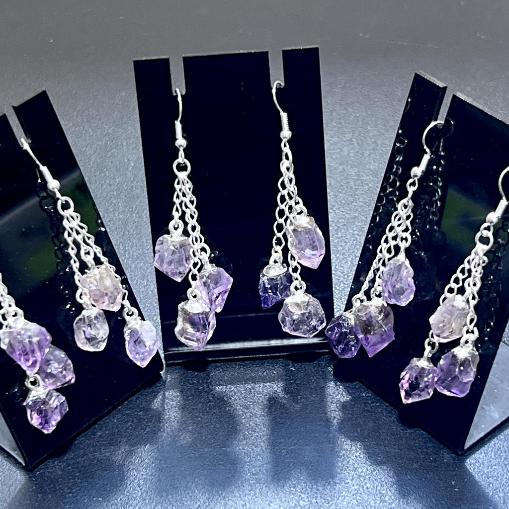 Amethyst Triple Crystal Earrings Pair (Stainless Steel Silver Hooks)