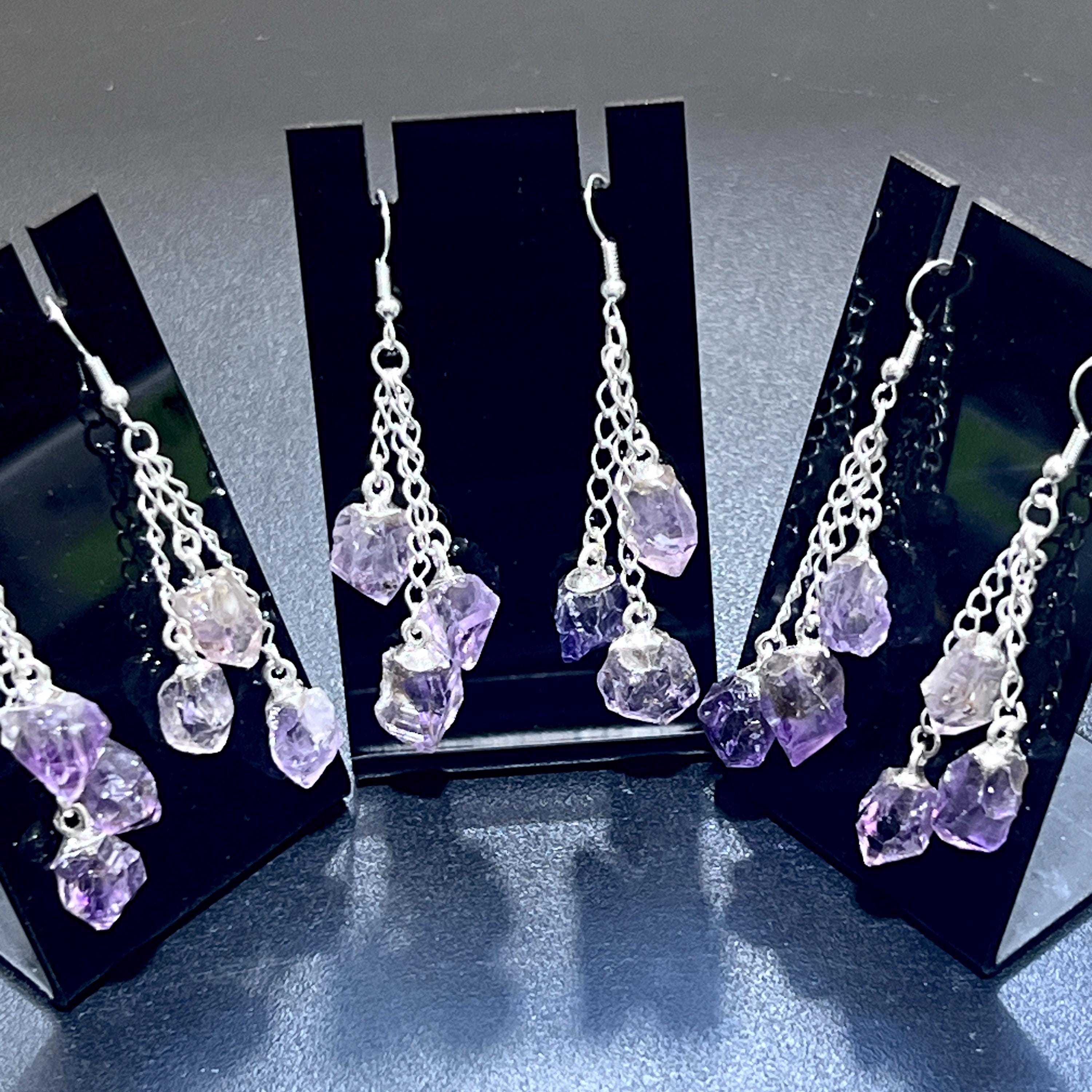 Amethyst Triple Crystal Earrings Pair (Stainless Steel Silver Hooks)