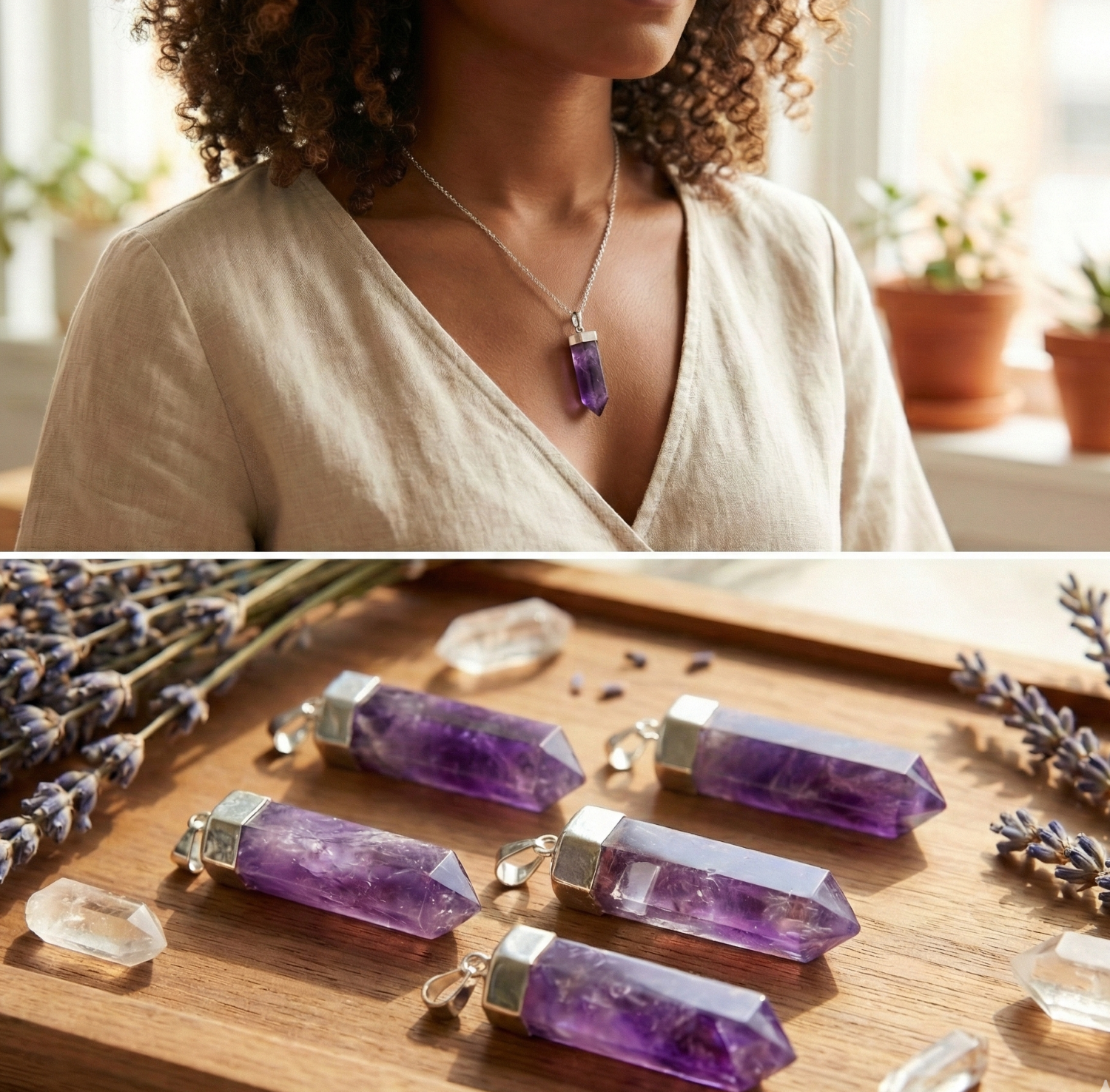Amethyst Crystal Point Pendant (Silver Plated) Faceted Gemstone Jewelry Necklace Supply