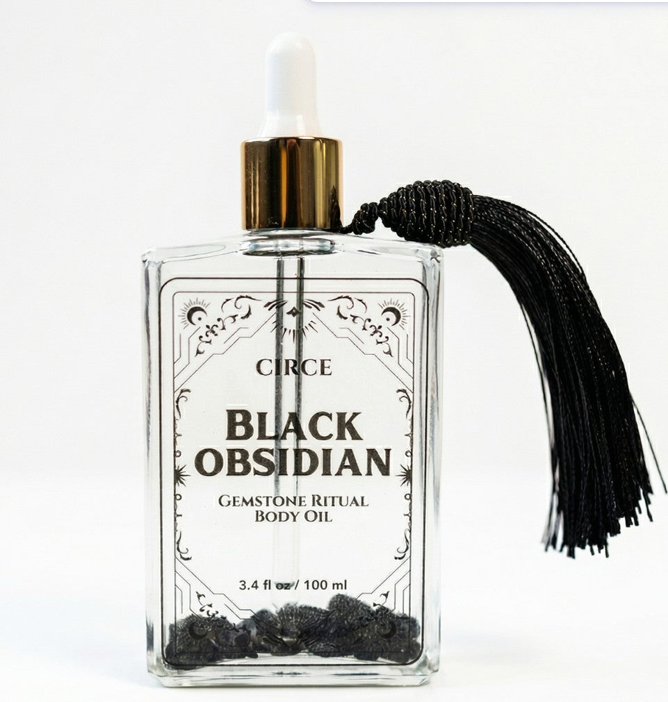 Black Obsidian Gemstone Body Oil — Protection & Grounding Shimmer Oil with Amber & Vanilla