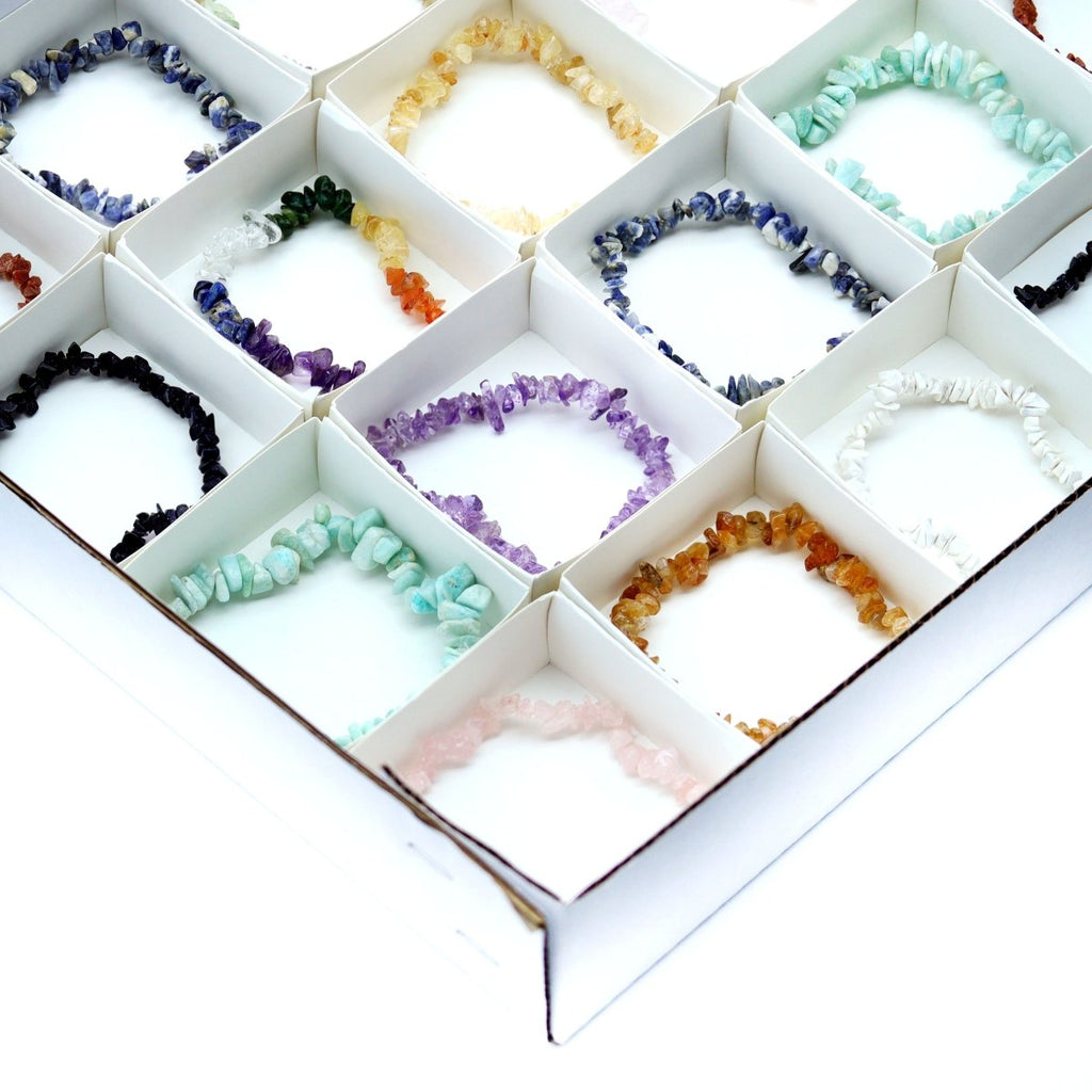 24 Piece Flat - Assorted Gemstone Chip Bracelets