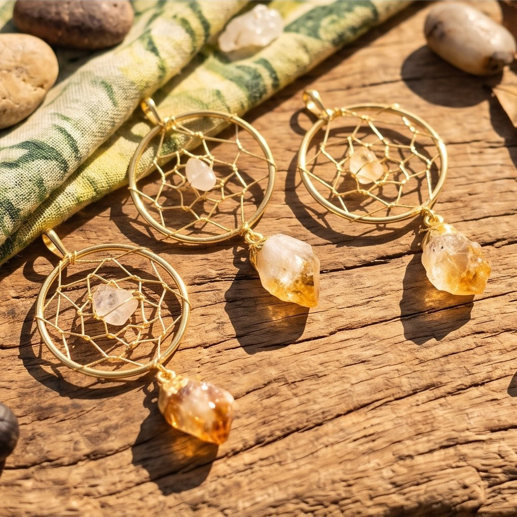 Dreamcatcher Pendant (Citrine Crystal Point)(Gold Plated)