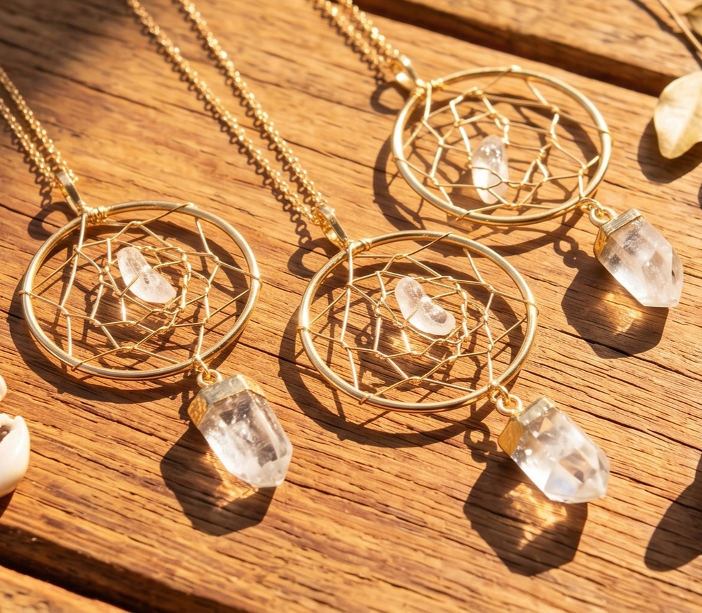 Dreamcatcher Crystal Pendant (Quartz Point)(Gold Plated)