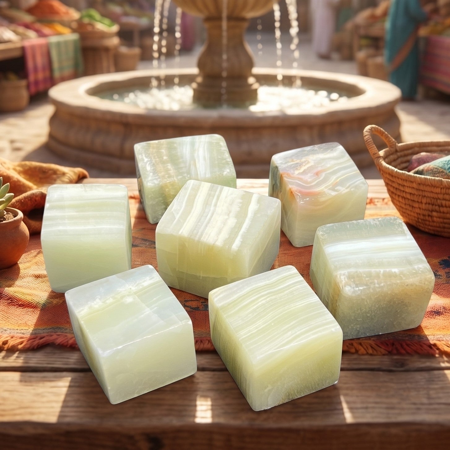 Green Banded Pistachio Calcite Crystal Cube Block Carving