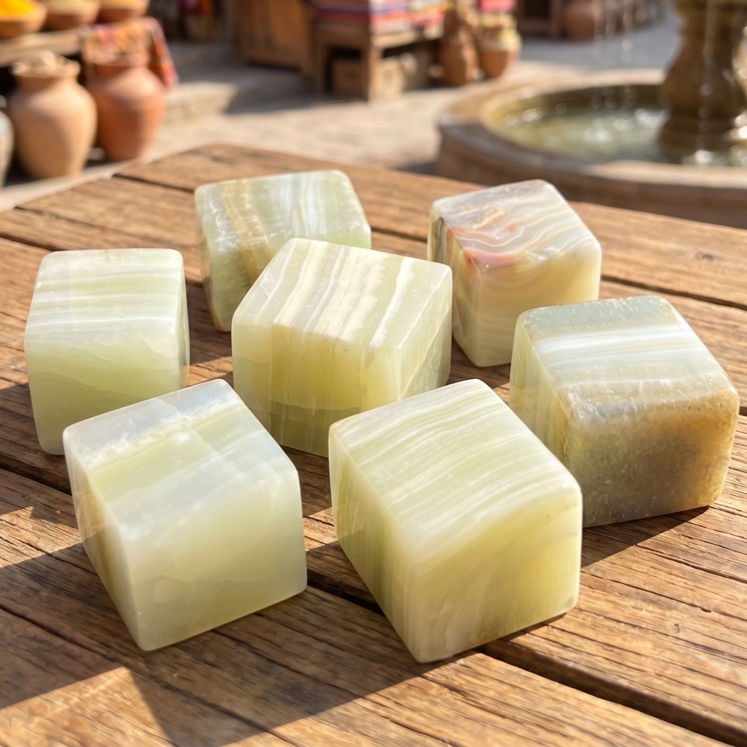 Green Banded Pistachio Calcite Crystal Cube Block Carving