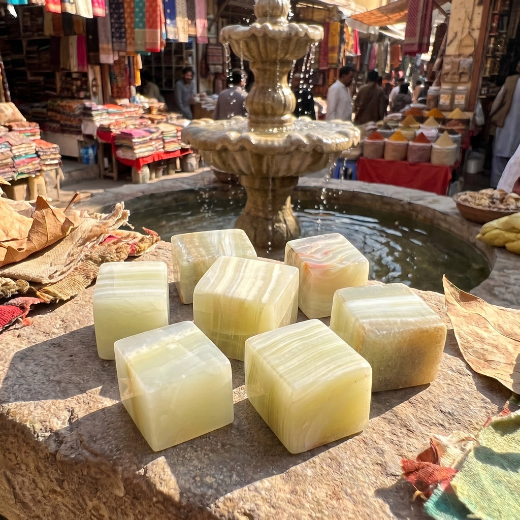 Green Banded Pistachio Calcite Crystal Cube Block Carving