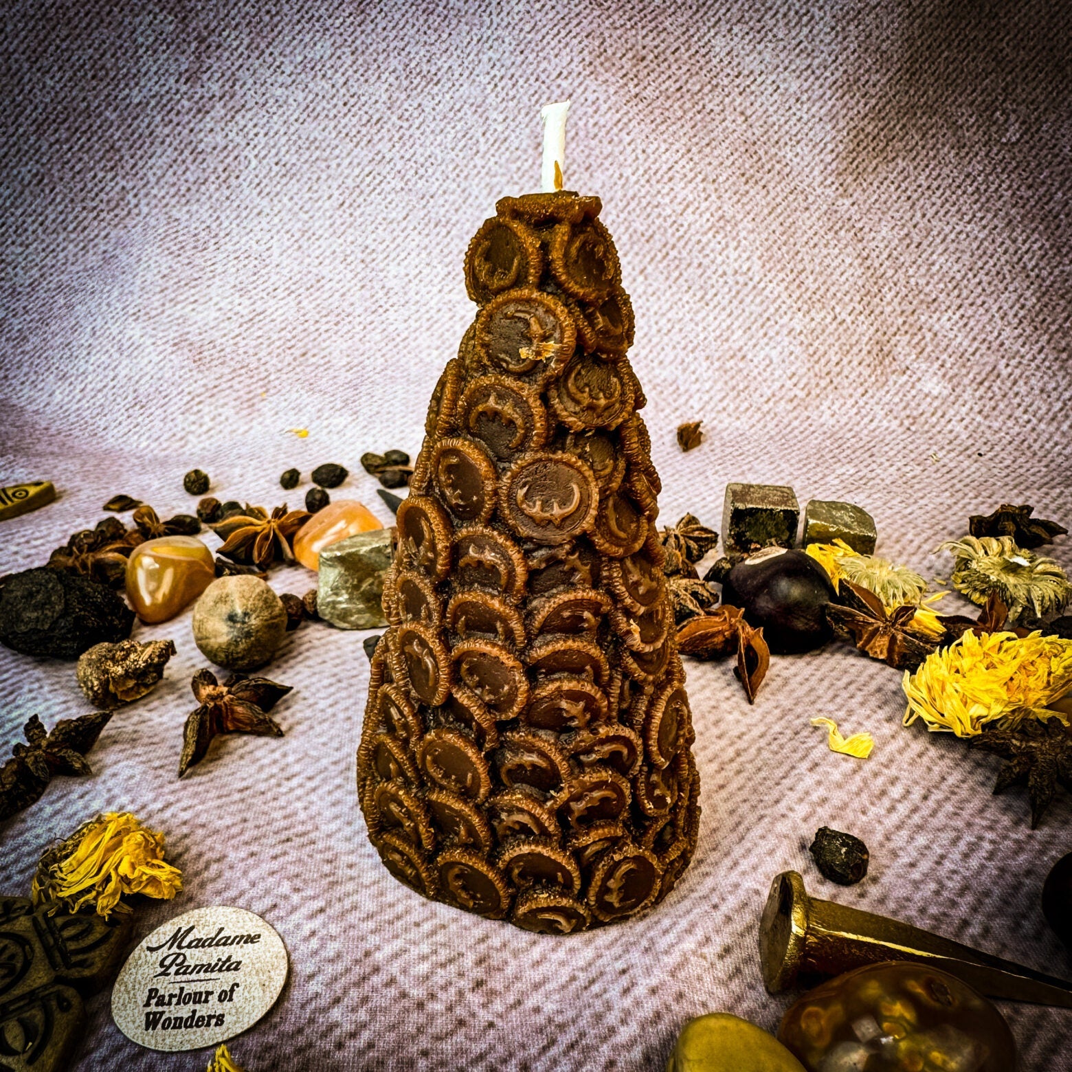 Beeswax Cone of Coins Spell Candle - Money Magnet & Prosperity Magic