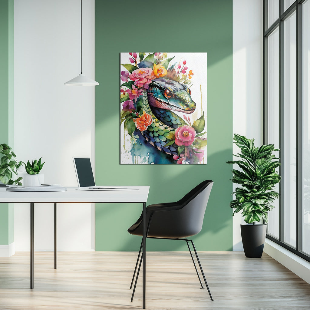 Floral Serpent Portrait – Watercolor Style UV Glass Wall Art with Botanical Snake Design - KAFCD109