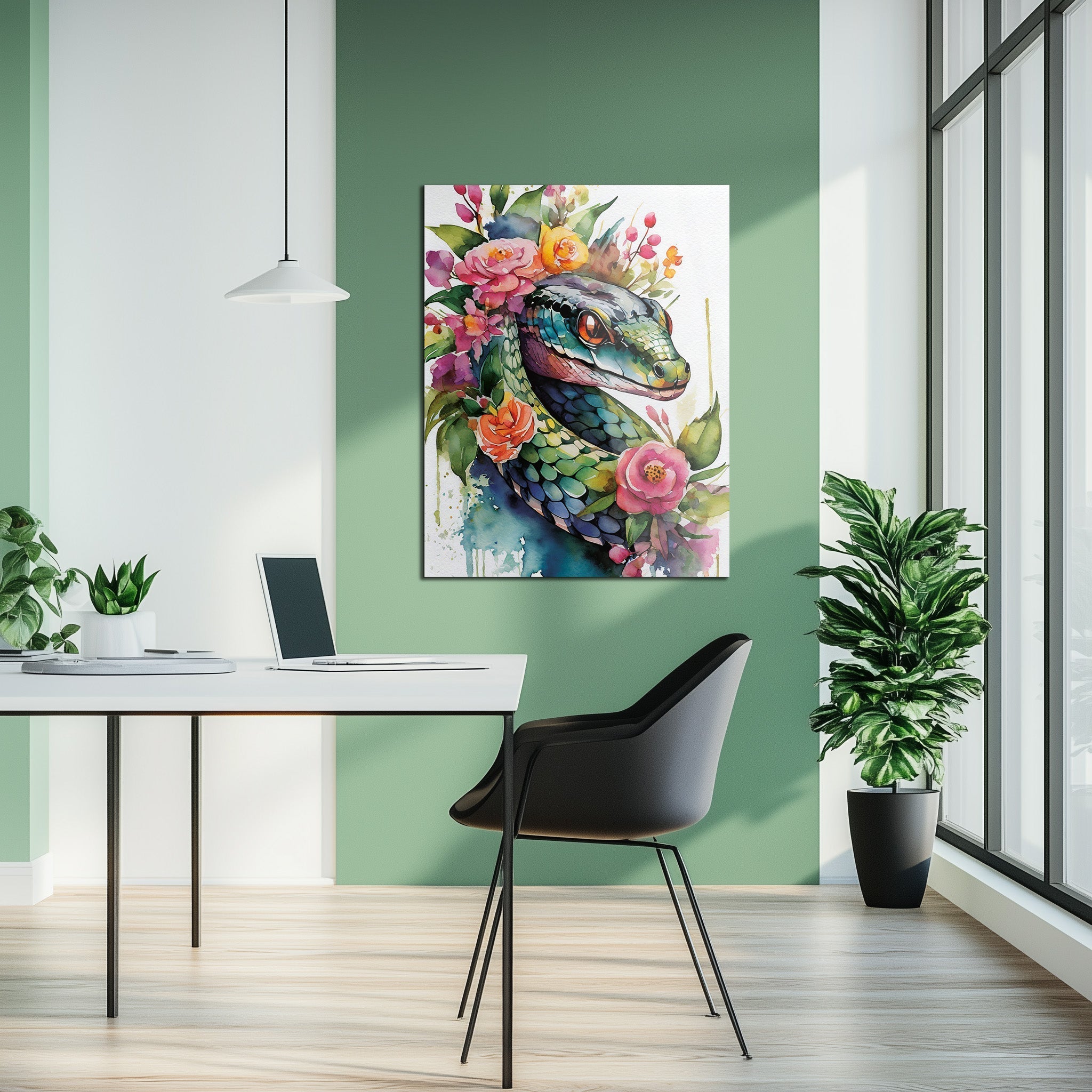 Floral Serpent Portrait – Watercolor Style UV Glass Wall Art with Botanical Snake Design - KAFCD109