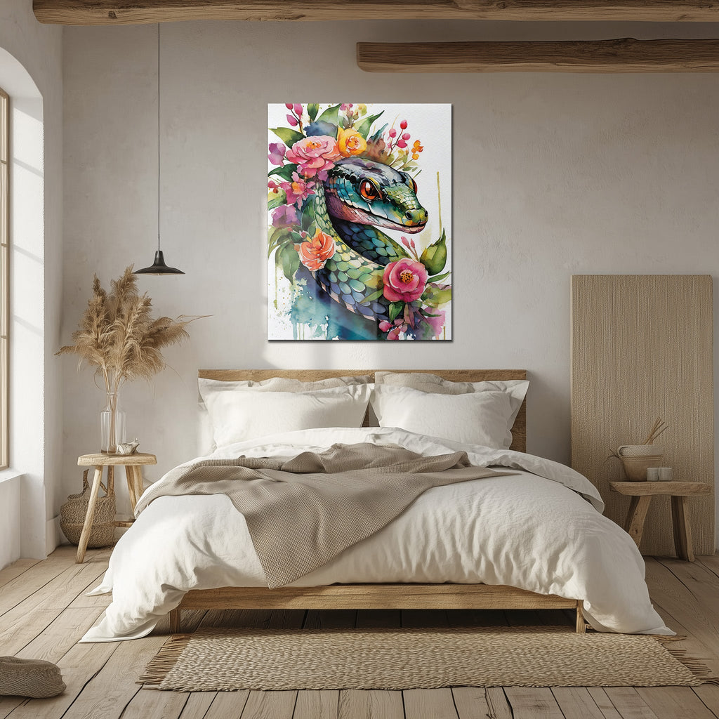 Floral Serpent Portrait – Watercolor Style UV Glass Wall Art with Botanical Snake Design - KAFCD109