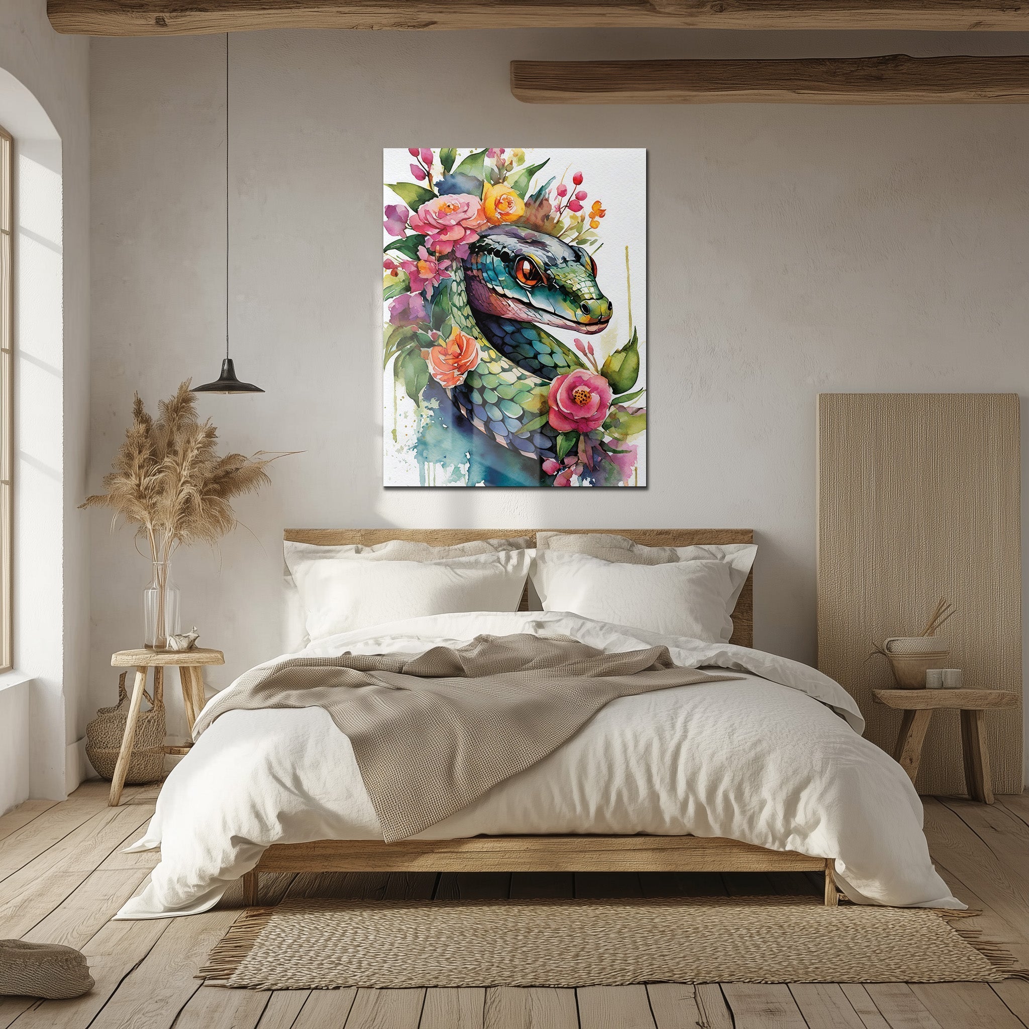 Floral Serpent Portrait – Watercolor Style UV Glass Wall Art with Botanical Snake Design - KAFCD109