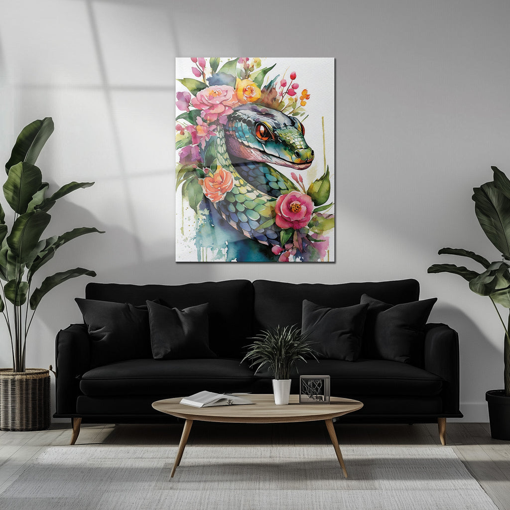 Floral Serpent Portrait – Watercolor Style UV Glass Wall Art with Botanical Snake Design - KAFCD109