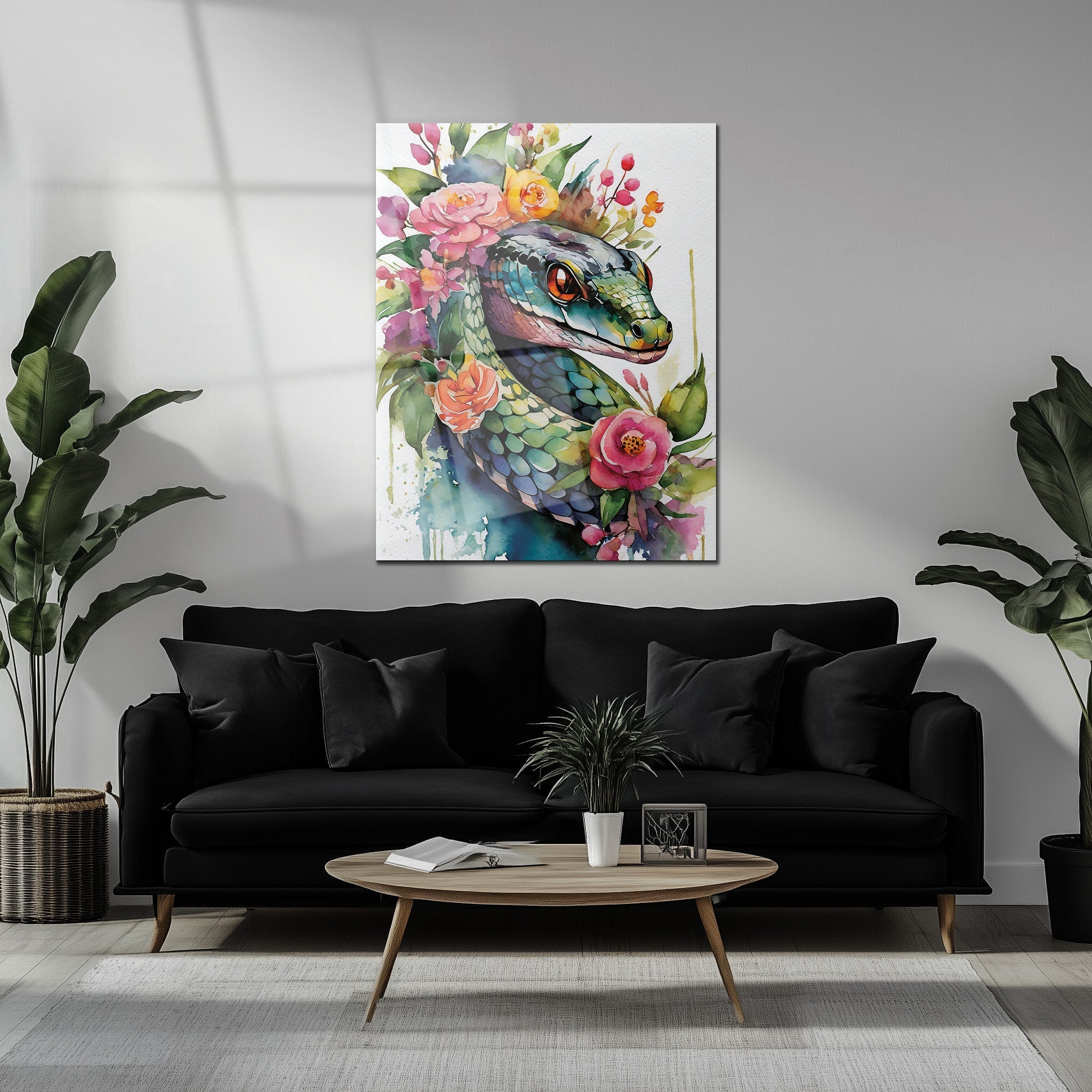 Floral Serpent Portrait – Watercolor Style UV Glass Wall Art with Botanical Snake Design - KAFCD109