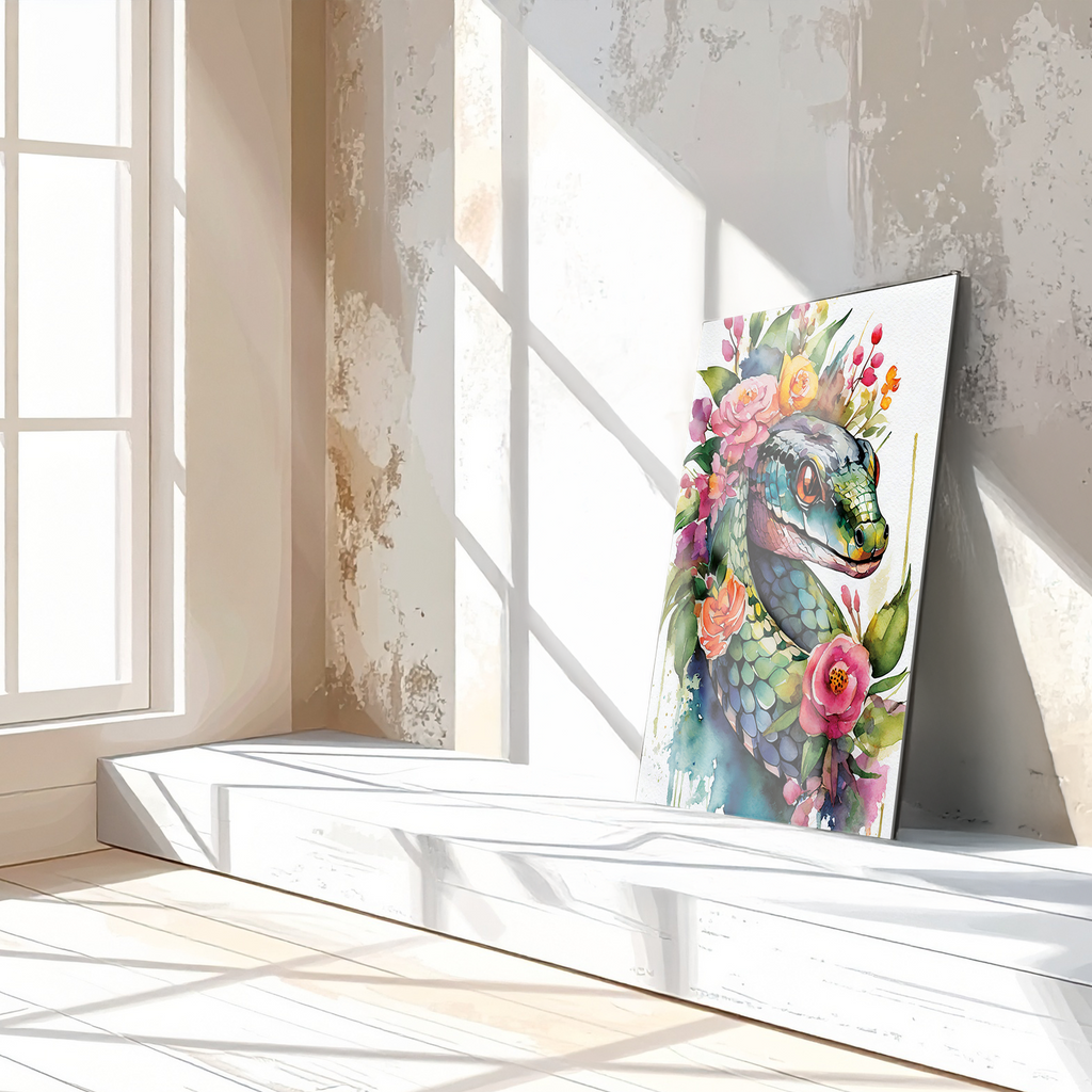 Floral Serpent Portrait – Watercolor Style UV Glass Wall Art with Botanical Snake Design - KAFCD109