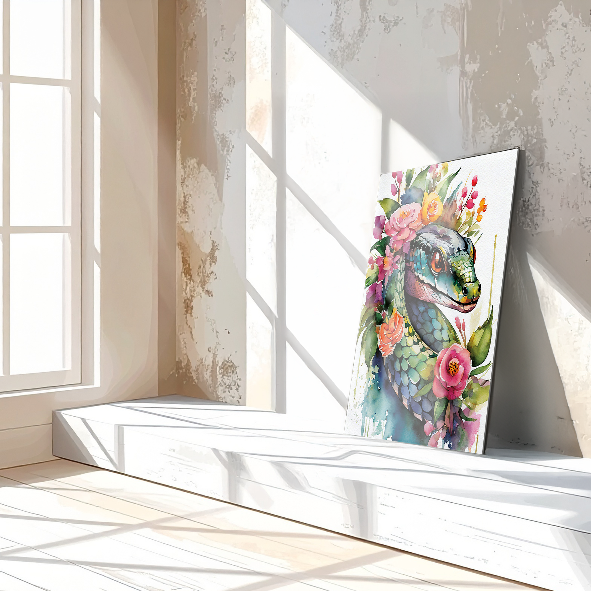 Floral Serpent Portrait – Watercolor Style UV Glass Wall Art with Botanical Snake Design - KAFCD109