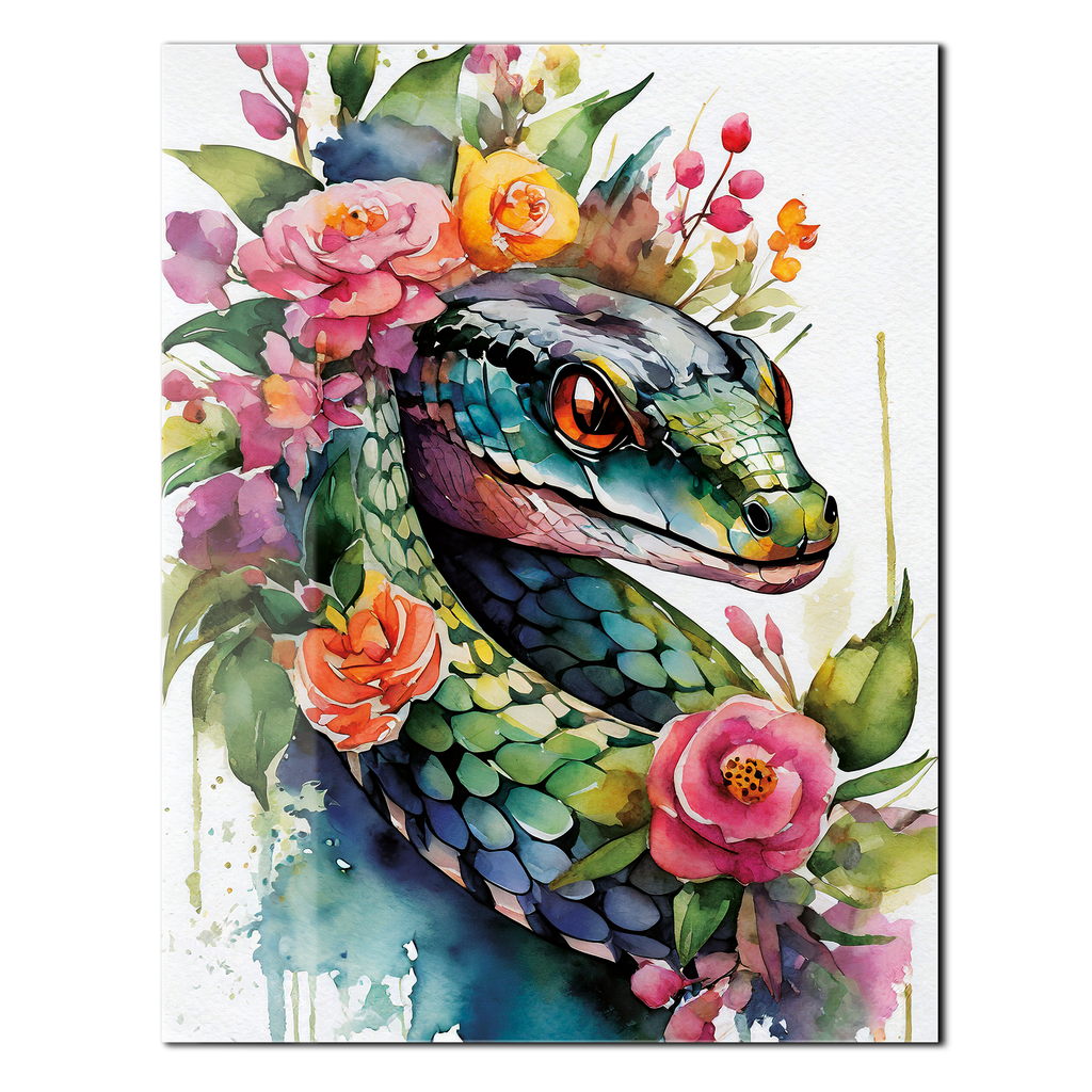 Floral Serpent Portrait – Watercolor Style UV Glass Wall Art with Botanical Snake Design - KAFCD109