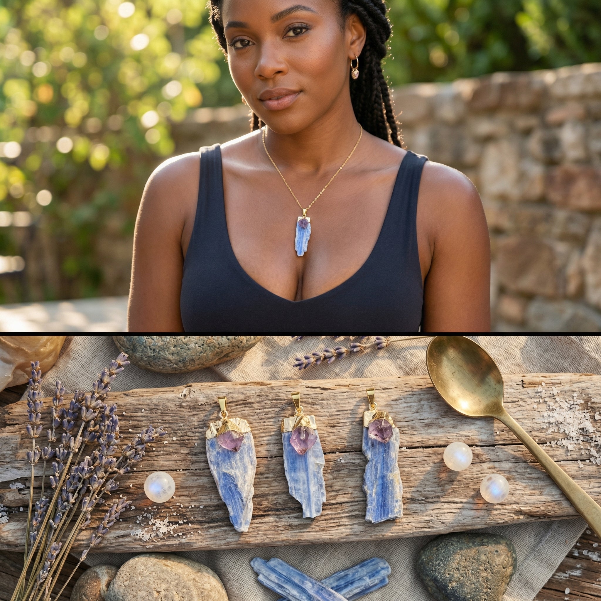 Kyanite And Amethyst Crystal Point Pendant (Gold Plated)
