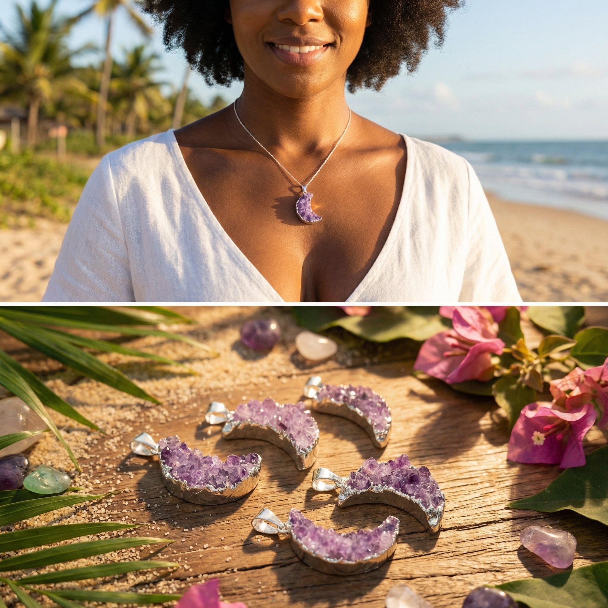 Crescent Moon Pendant (Amethyst Druzy Crystal)(Silver Plated)