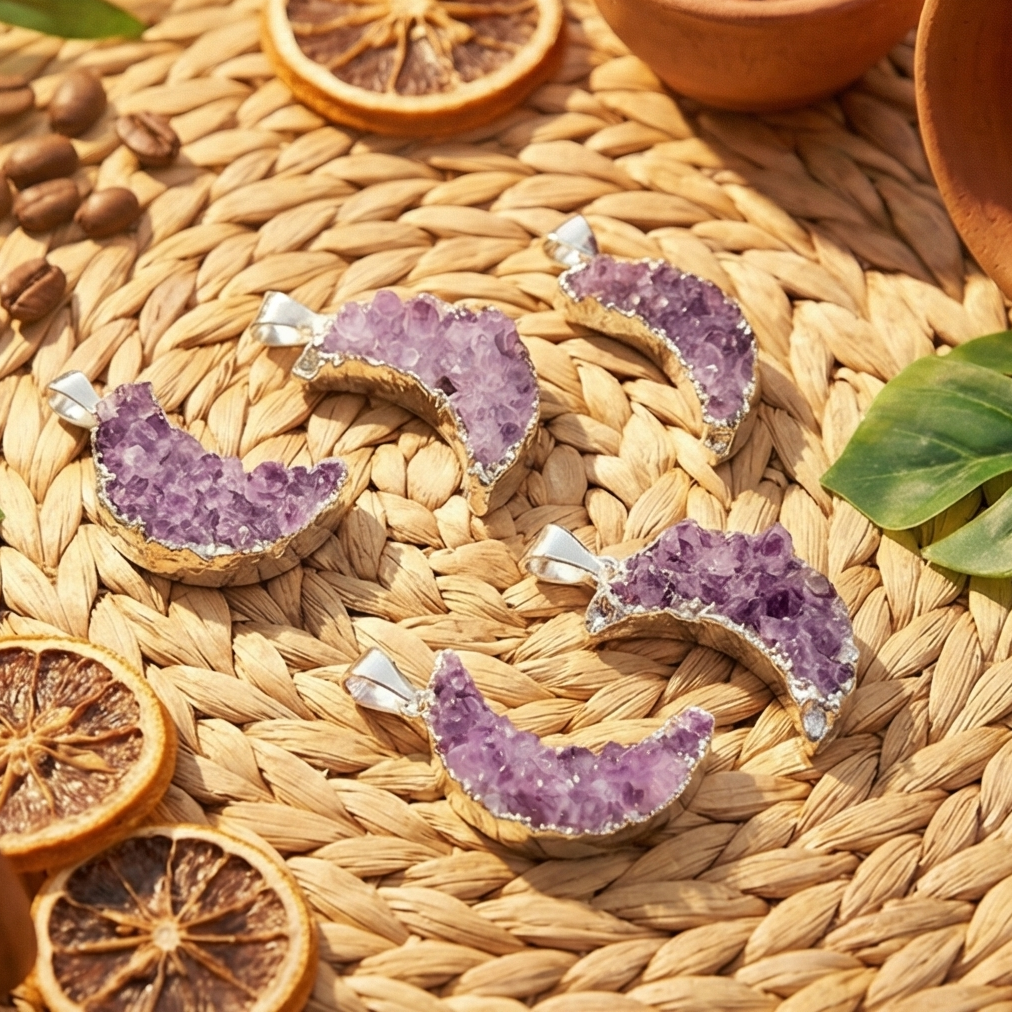 Crescent Moon Pendant (Amethyst Druzy Crystal)(Silver Plated)