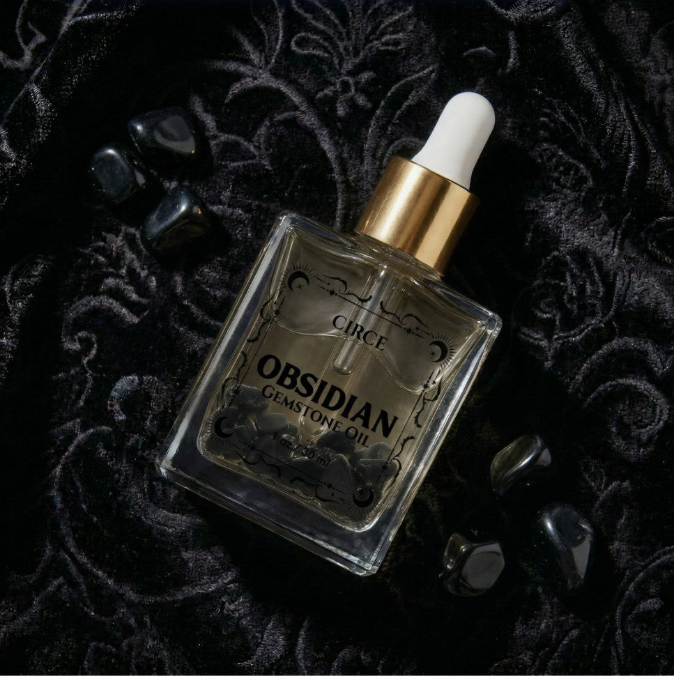 Black Obsidian Gemstone Body Oil — Protection & Grounding Shimmer Oil with Amber & Vanilla