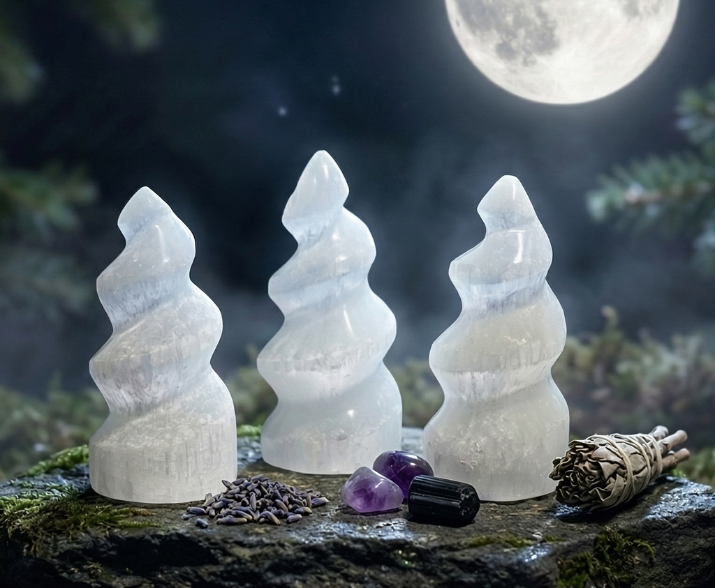 Selenite Satin Spar Crystal Spiral Standing Tower Carving