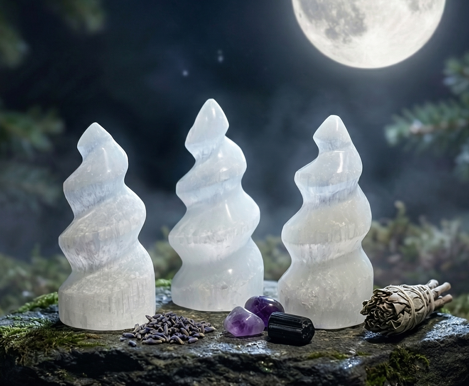Selenite Satin Spar Crystal Spiral Standing Tower Carving