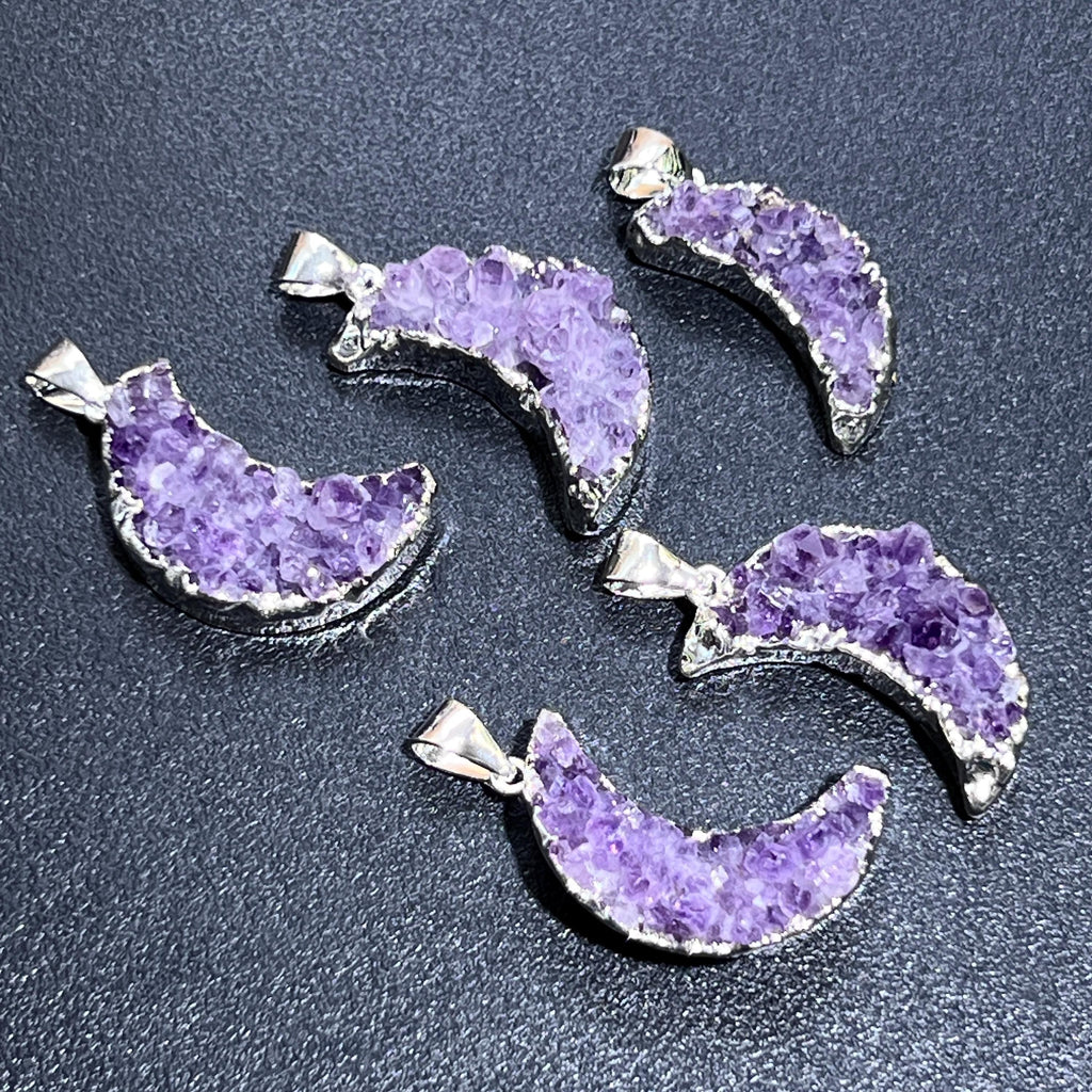 Crescent Moon Pendant (Amethyst Druzy Crystal)(Silver Plated)