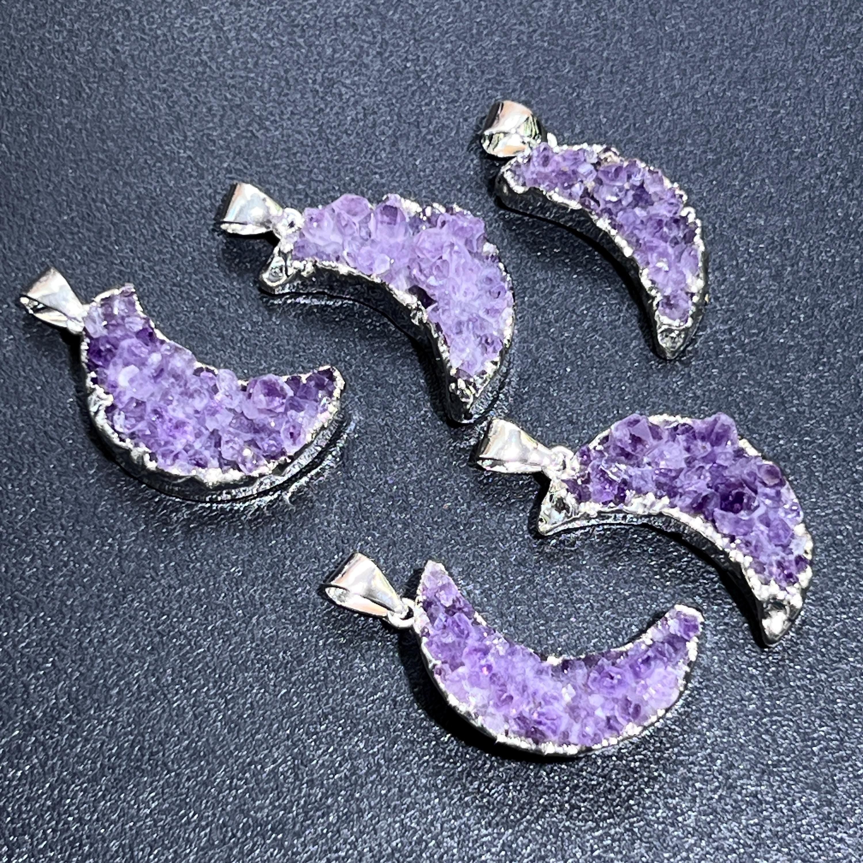 Crescent Moon Pendant (Amethyst Druzy Crystal)(Silver Plated)