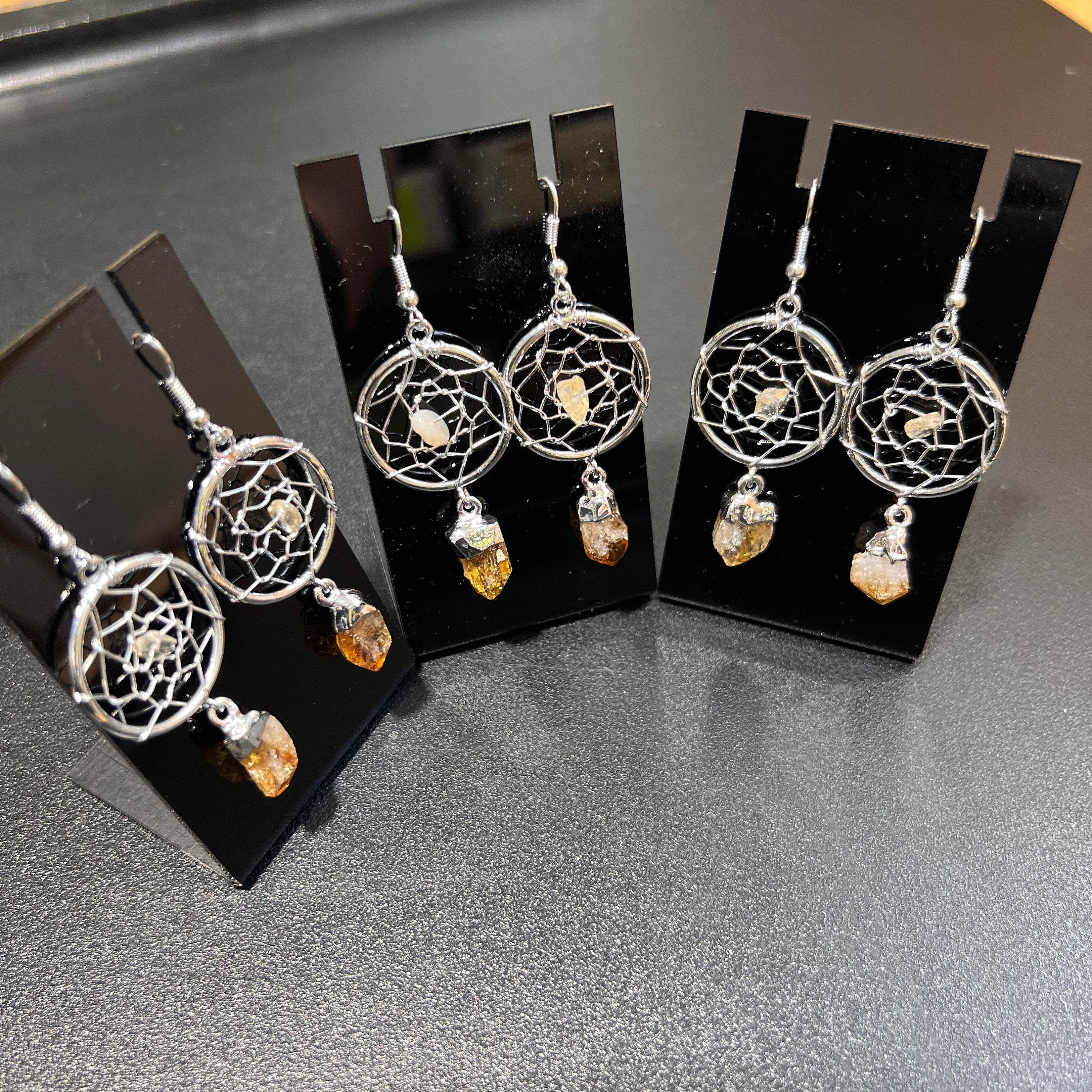 DreamCatcher Earrings Pair (Citrine Crystal)(Silver Plated)(Stainless Steel Hooks)