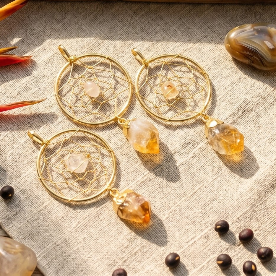 Dreamcatcher Pendant (Citrine Crystal Point)(Gold Plated)