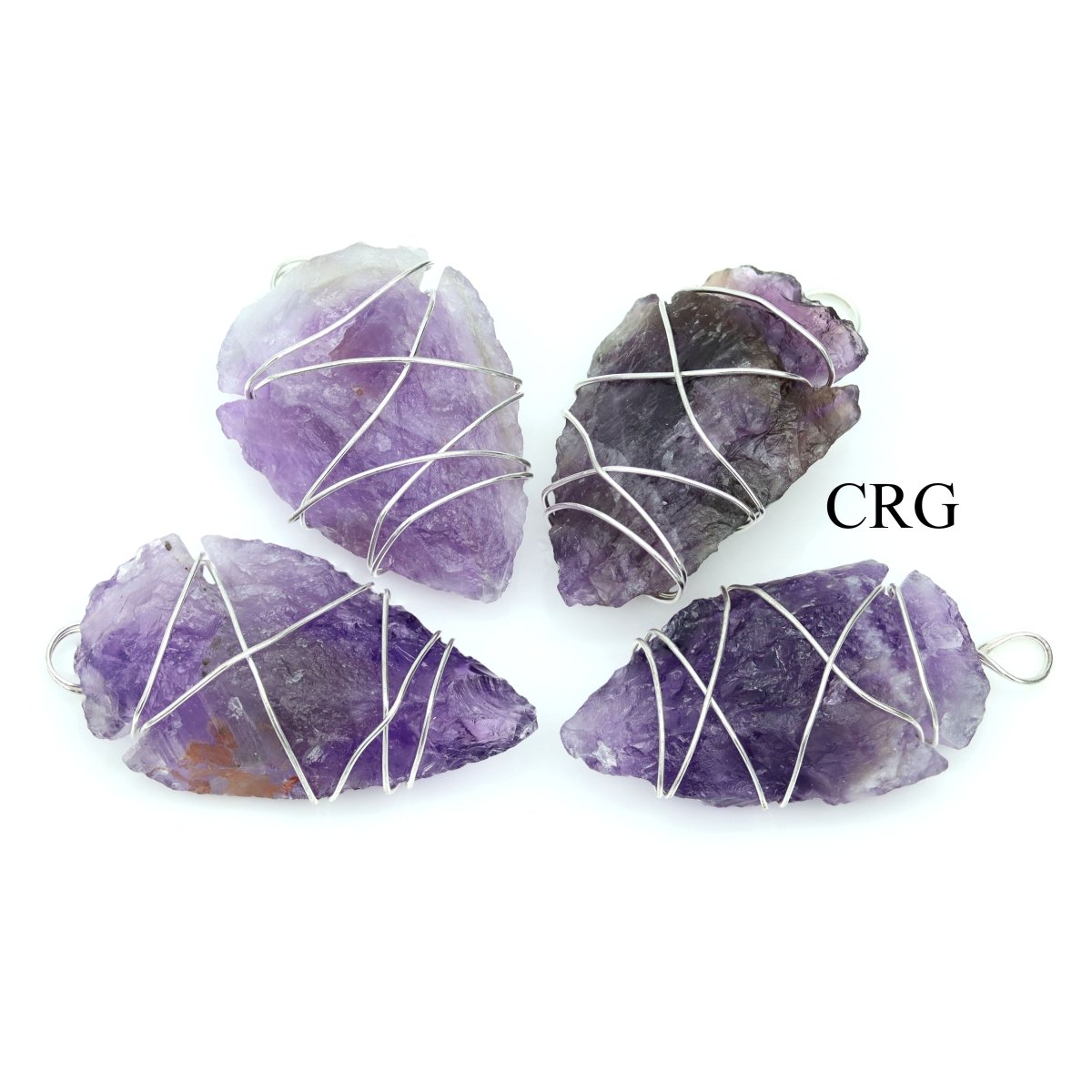 Amethyst Arrowhead Pendants with Silver-Plated Wire Wrapping (4 Pieces) Size 1.5 Inches