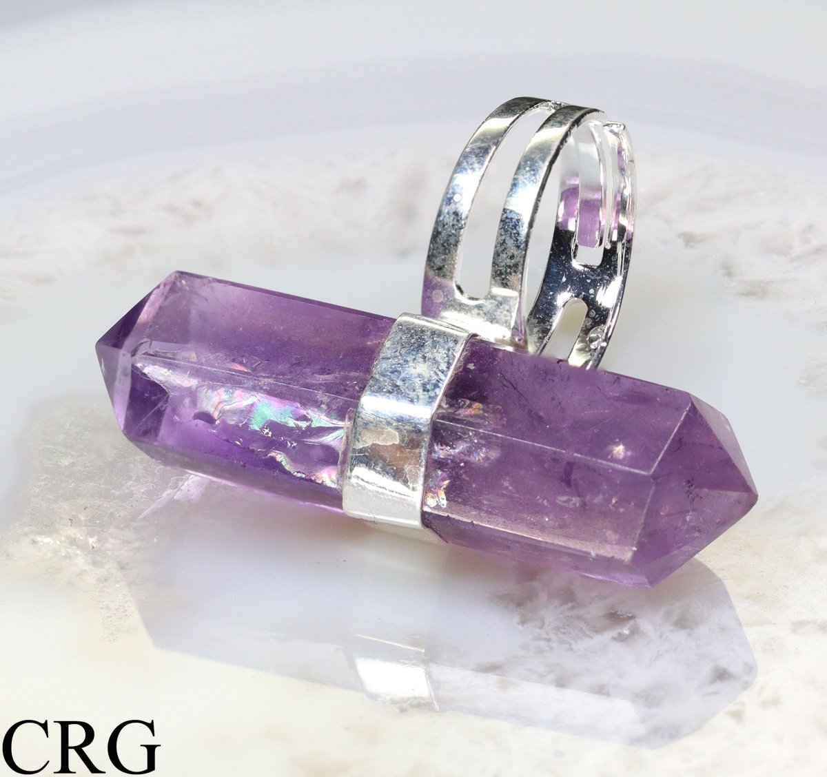 Amethyst Double Terminated Adjustable Ring with Silver Plating (1.5 Inches) (1 Piece)