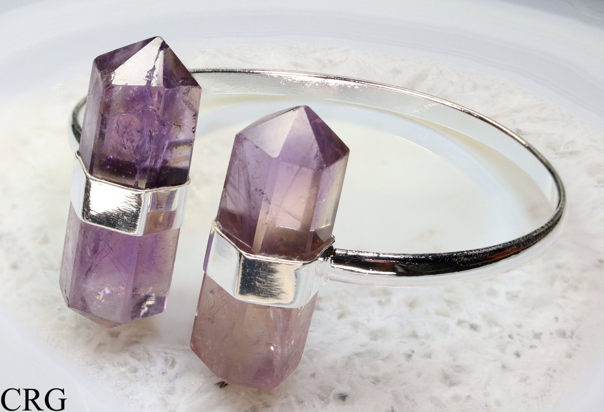 Amethyst Double Terminated Point Silver-Plated Cuff Bracelet (2.75 Inches) (1 Piece)