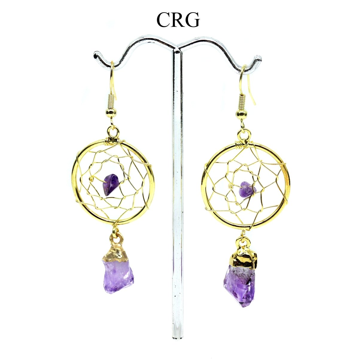 Amethyst Dream Catcher Earrings with Gold Plated Wire (2 Inches) (1 Pair)