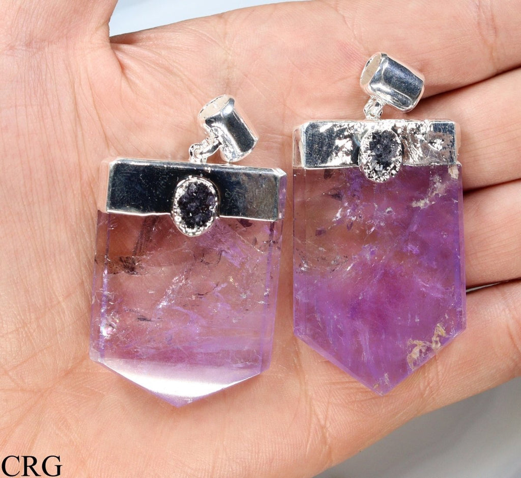 Amethyst Flat Point Druzy Pendant with Silver Plating (1 Piece) Size 2.5 Inches Crystal Jewelry Charm