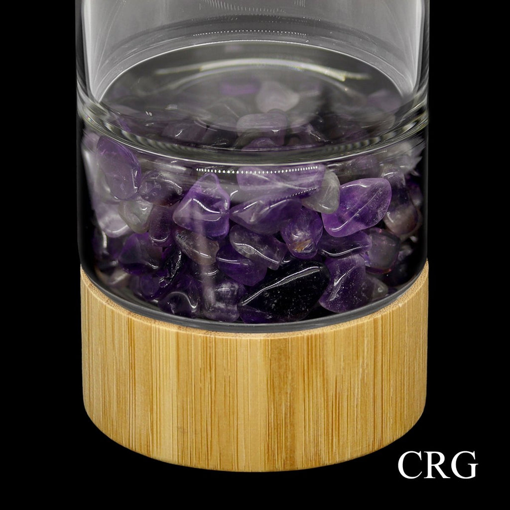 Amethyst Gemstone Bamboo Glass Water Bottle (1 Piece) Size 12 Inches with Black Protective Sleeve