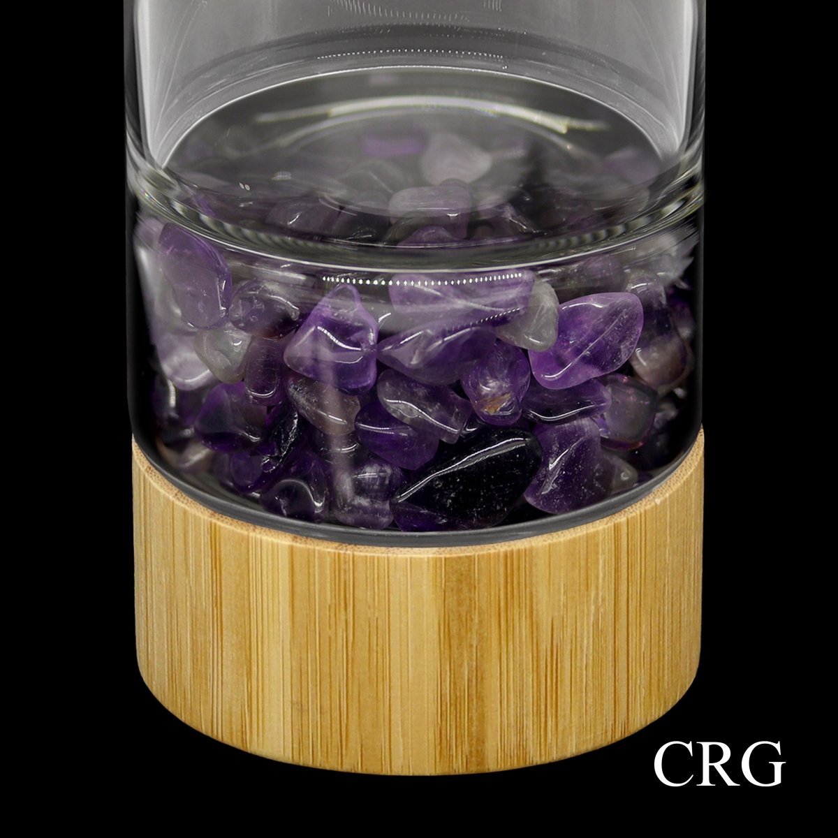 Amethyst Gemstone Bamboo Glass Water Bottle (1 Piece) Size 12 Inches with Black Protective Sleeve