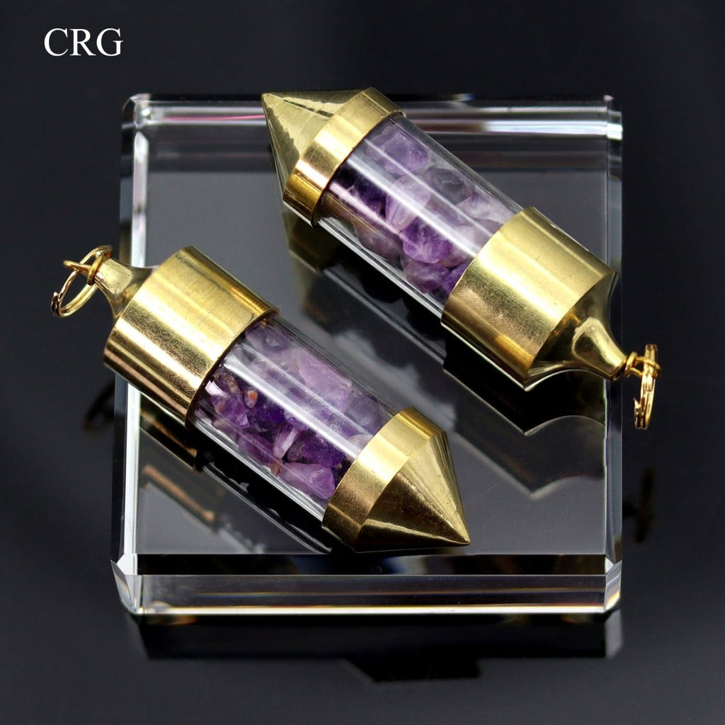 Amethyst Gemstone Chips in Gold-Plated Bottle Pendant (2 Pieces) Size 2.5 Inches (INJD)