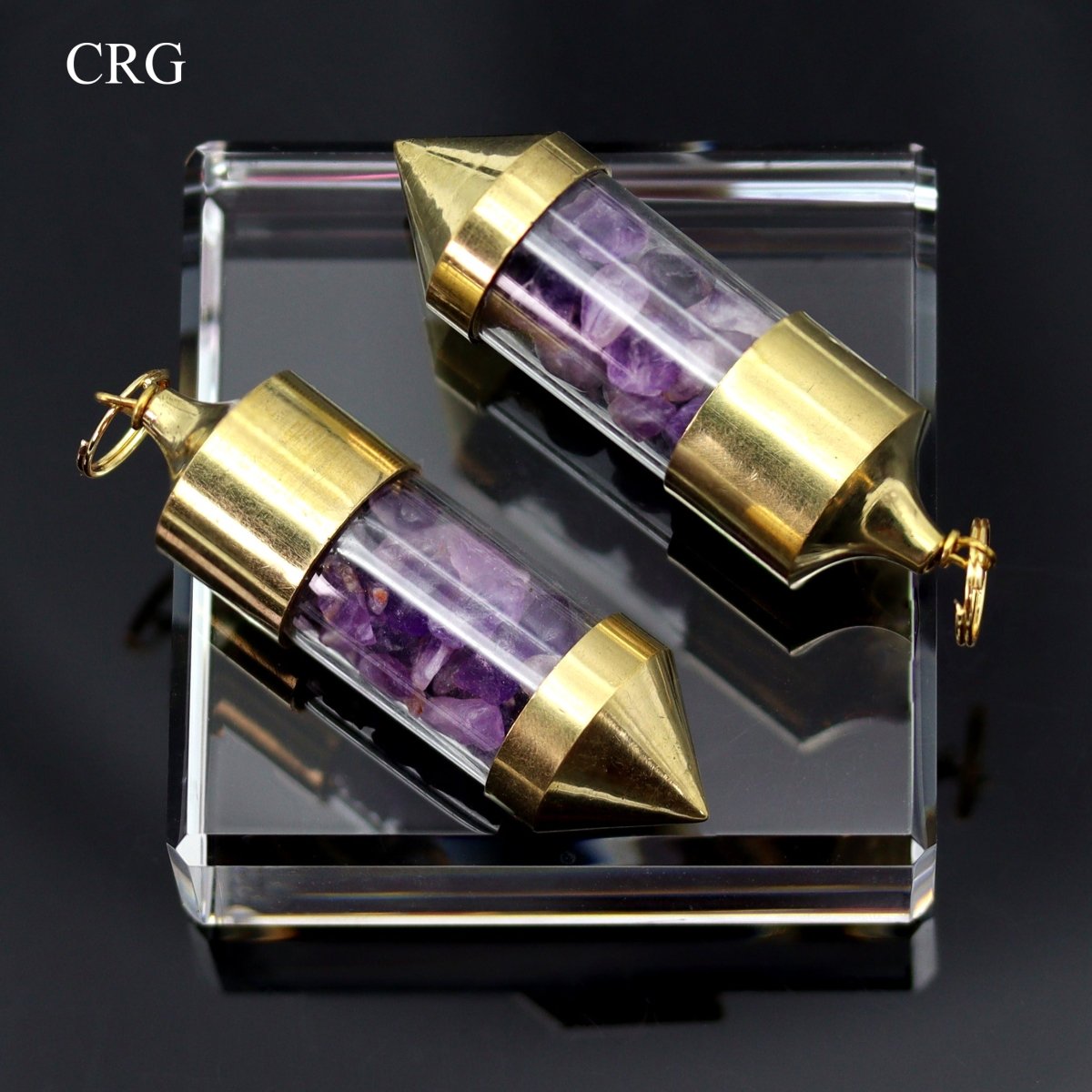 Amethyst Gemstone Chips in Gold-Plated Bottle Pendant (2 Pieces) Size 2.5 Inches (INJD)