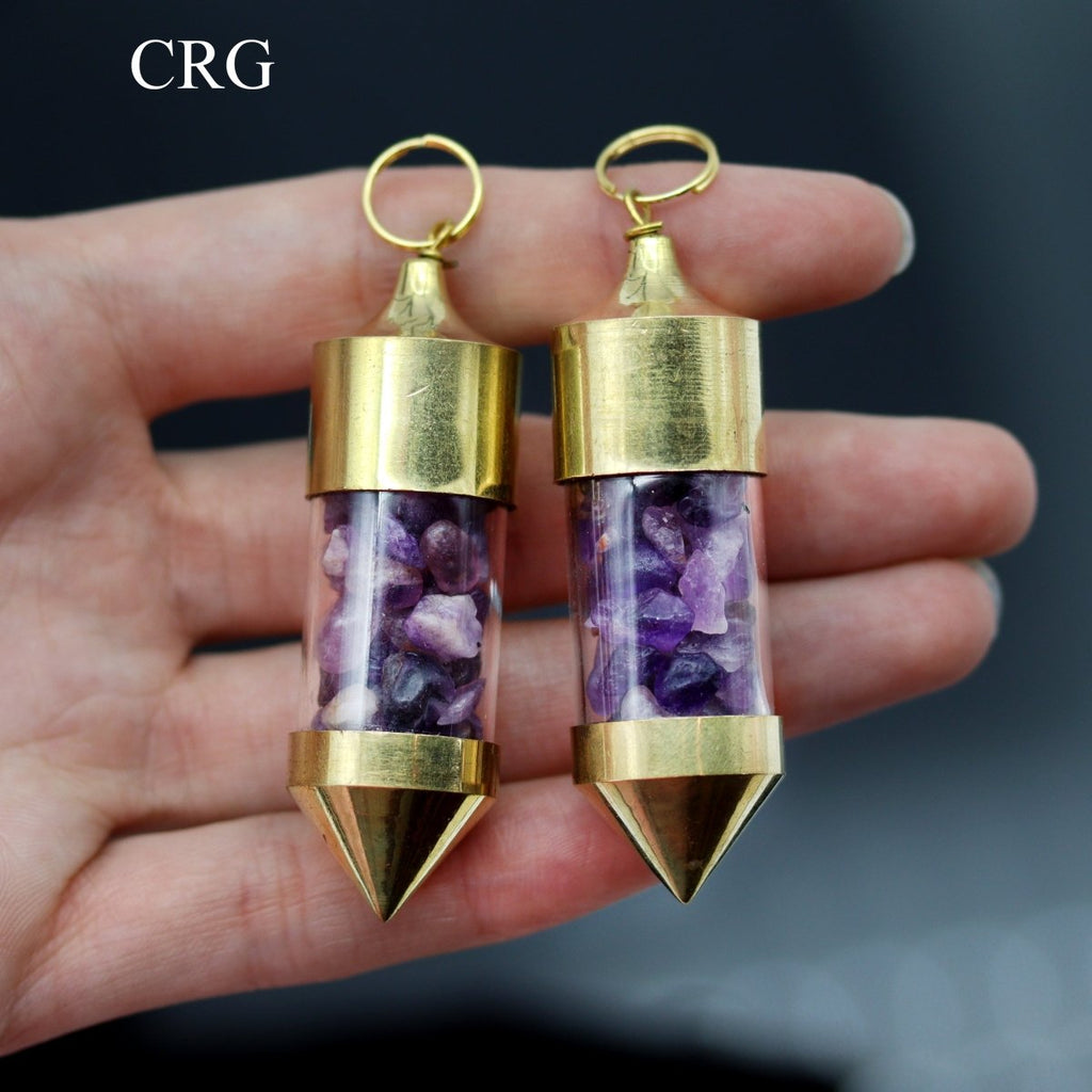 Amethyst Gemstone Chips in Gold-Plated Bottle Pendant (2 Pieces) Size 2.5 Inches (INJD)