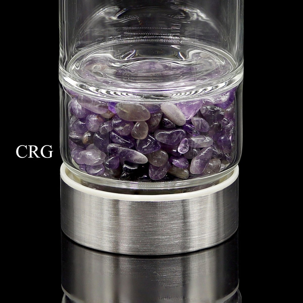 Amethyst Gemstone Metal Glass Water Bottle (1 Piece) Size 12 Inches with Black Protective Sleeve