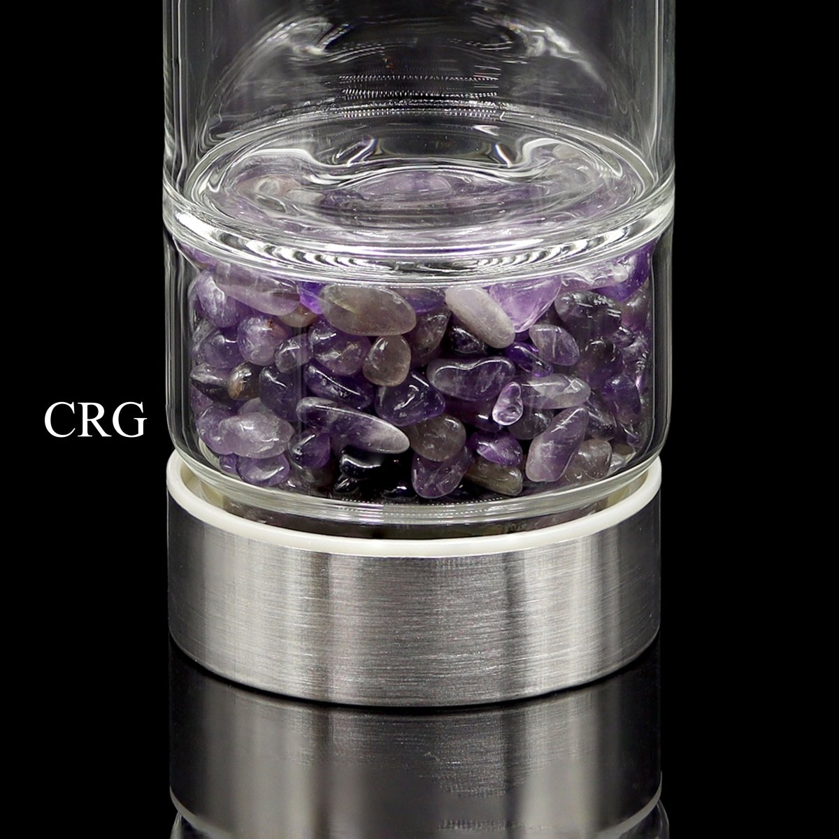 Amethyst Gemstone Metal Glass Water Bottle (1 Piece) Size 12 Inches with Black Protective Sleeve