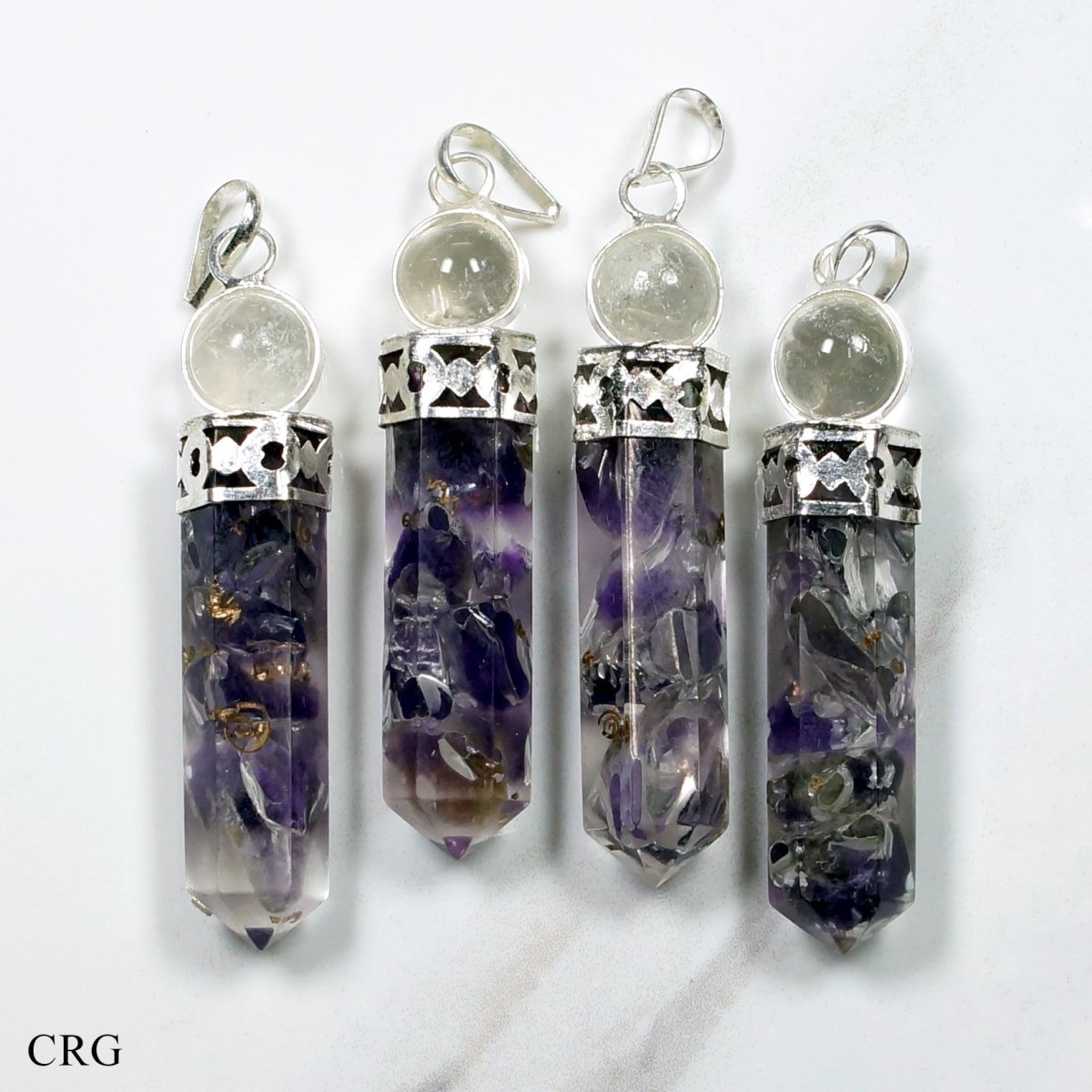 Amethyst Orgonite Point Pendant with Crystal Ball and Silver Plating (4 Pieces)