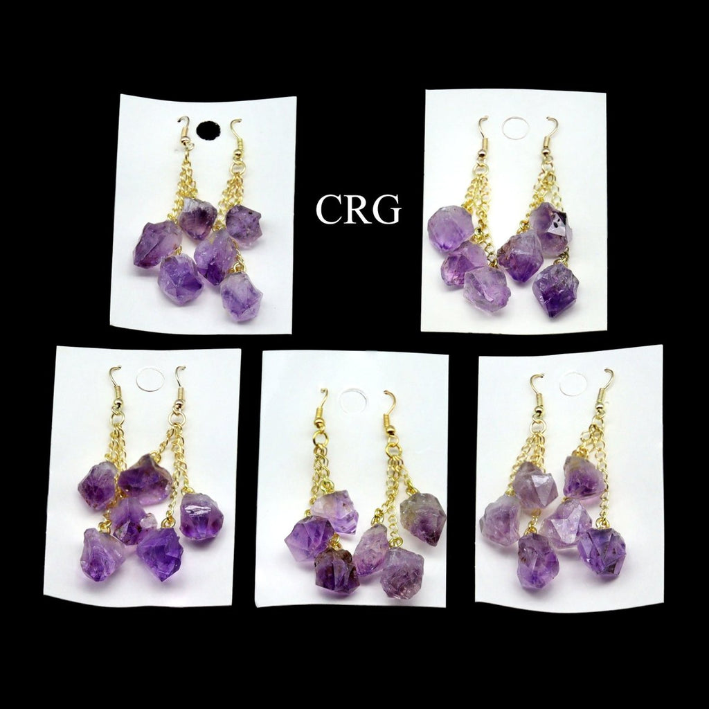 Amethyst Triple Point Earrings with Gold Plated Wire (2 Inches) (1 Pair)
